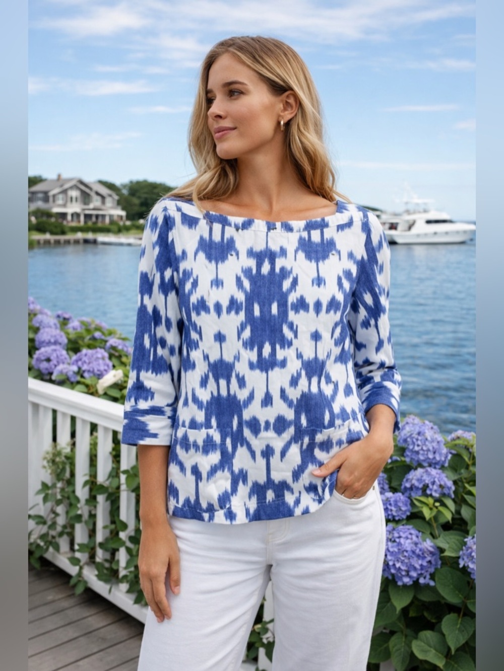 Vineyard Vines Ikat Print Tunic Top Blue White 3/4 Sleeve Casual Shirt XS NWT